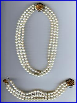 Vintage Mgm 14k Gold Cultured Pearl Sapphire Three Strand Necklace Bracelet Set