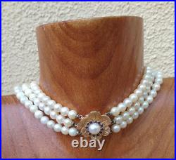 Vintage Mgm 14k Gold Cultured Pearl Sapphire Three Strand Necklace Bracelet Set