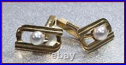 Vintage Mikimoto 14K Yellow Gold Pearl Tie Bar and Cufflink Set