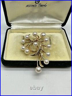 Vintage Mikimoto Akoya Pearl 14K Yellow Gold Brooch & Earrings Set 24 Pearls