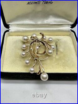 Vintage Mikimoto Akoya Pearl 14K Yellow Gold Brooch & Earrings Set 24 Pearls