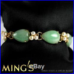 Vintage Ming's Hawaii Green Pale Jade & Pearl 14k Yellow Gold Bracelet