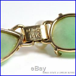 Vintage Ming's Hawaii Green Pale Jade & Pearl 14k Yellow Gold Bracelet
