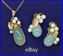 Vintage Ming's Jade & Pearl 14K yellow gold Pendant Necklace Earrings (17504)