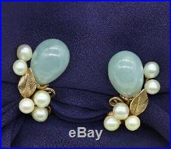 Vintage Ming's Jade & Pearl 14K yellow gold Pendant Necklace Earrings (17504)