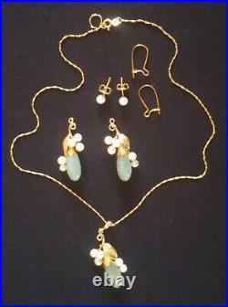 Vintage Ming's Of Hawaii Jade & Pearl 14k Gold Earrings & Necklace Set