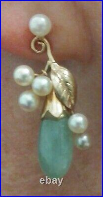 Vintage Ming's Of Hawaii Jade & Pearl 14k Gold Earrings & Necklace Set