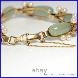 Vintage Ming's Pale Green Teardrop Jade Pearl 14k Gold Bracelet Earrings Set