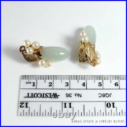 Vintage Ming's Pale Green Teardrop Jade Pearl 14k Gold Bracelet Earrings Set