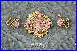 Vintage Miriam Haskell Gold Floral Filigree Pink Rhinestone Bead Brooch Earrings