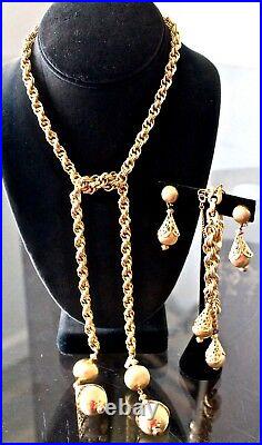 Vintage Monet Necklace Bracelot Earring Set Gold Rope Chain Tear Drop Filigree
