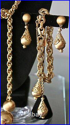 Vintage Monet Necklace Bracelot Earring Set Gold Rope Chain Tear Drop Filigree