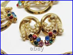 Vintage Oleg Cassini Jewelry Set- Rhinestone Pearl Gold Necklace Earrings Brooch