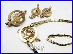 Vintage Oleg Cassini Jewelry Set- Rhinestone Pearl Gold Necklace Earrings Brooch