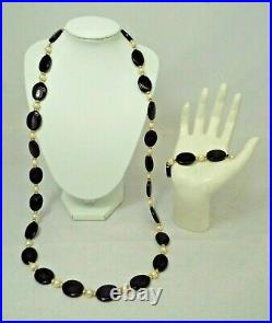 Vintage PEARL & BLACK ONYX Necklace & Bracelet Set 14K YELLOW GOLD Clasp Beads