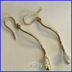 Vintage Pair Of 18ct Solid Yellow Gold Pearl Set Twig Earrings L 4cm 1976 Galio