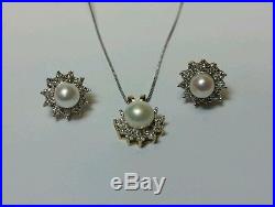 Vintage Pearl And Diamond 14k Gold Earrings And Pendant Set