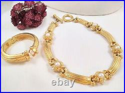 Vintage Pearl Cabochon Etruscan Necklace Bracelet Set satin gold Nordstrom