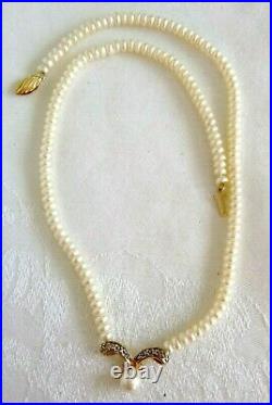 Vintage Pearl Necklace Diamond Accents 14K Gold Clasp & Setting 15.4 Grms Estate