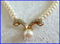 Vintage Pearl Necklace Diamond Accents 14K Gold Clasp & Setting 15.4 Grms Estate