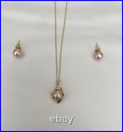 Vintage Pearl necklace Set In 10K Gold With Diamond Accent And Pearl Earrings