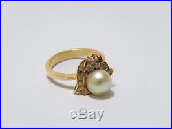 Vintage Pearls Set In 14K yellow Gold Earrings w pearl ring diamonds size 6.25