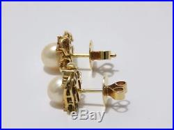 Vintage Pearls Set In 14K yellow Gold Earrings w pearl ring diamonds size 6.25