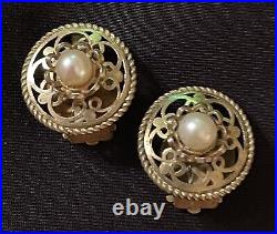 Vintage RARE ISRAEL 925 Signed Gold Pearl Filigree Necklace & Clip Earrings Set