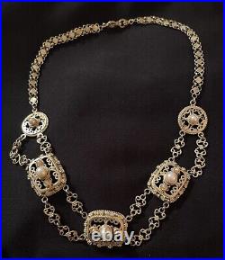 Vintage RARE ISRAEL 925 Signed Gold Pearl Filigree Necklace & Clip Earrings Set