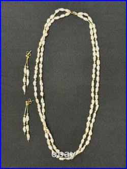 Vintage RTI 14k Gold Seed Pearl 18 Necklace & Earrings Set