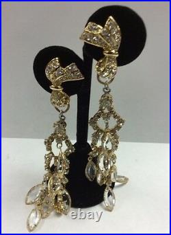 Vintage Rhinestone Gold Tone Dangle Drop Costume Necklace & Clip-on Earring set