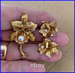 Vintage Rose & Green 18k Gold Pearl Orchid Earrings Brooch Matching Set BIN