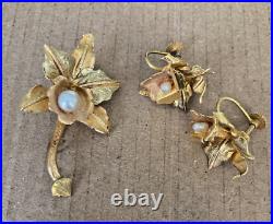 Vintage Rose & Green 18k Gold Pearl Orchid Earrings Brooch Matching Set BIN