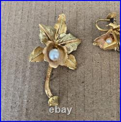 Vintage Rose & Green 18k Gold Pearl Orchid Earrings Brooch Matching Set BIN