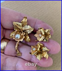 Vintage Rose & Green 18k Gold Pearl Orchid Earrings Brooch Matching Set BIN