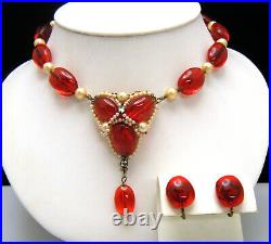Vintage Rousselet Necklace Earring Set Red Gripoix Glass Faux Pearls
