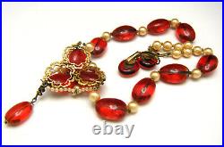 Vintage Rousselet Necklace Earring Set Red Gripoix Glass Faux Pearls