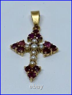 Vintage Ruby & Pearl Cross Pendant Set in 18K Yellow Gold