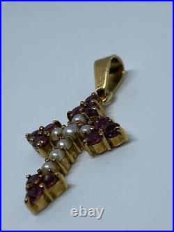 Vintage Ruby & Pearl Cross Pendant Set in 18K Yellow Gold