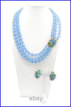 Vintage Selro Selini Blue Bead Necklace Earrings Set Gold Tone Rhinestone Flower