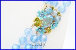 Vintage Selro Selini Blue Bead Necklace Earrings Set Gold Tone Rhinestone Flower