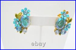 Vintage Selro Selini Blue Bead Necklace Earrings Set Gold Tone Rhinestone Flower