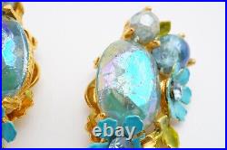 Vintage Selro Selini Blue Bead Necklace Earrings Set Gold Tone Rhinestone Flower