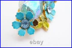 Vintage Selro Selini Blue Bead Necklace Earrings Set Gold Tone Rhinestone Flower