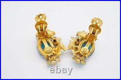 Vintage Selro Selini Blue Bead Necklace Earrings Set Gold Tone Rhinestone Flower