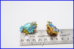 Vintage Selro Selini Blue Bead Necklace Earrings Set Gold Tone Rhinestone Flower