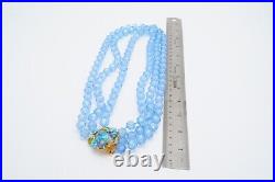 Vintage Selro Selini Blue Bead Necklace Earrings Set Gold Tone Rhinestone Flower