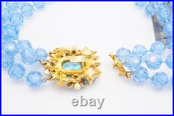 Vintage Selro Selini Blue Bead Necklace Earrings Set Gold Tone Rhinestone Flower