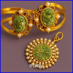 Vintage Serpentine & Faux Pearl Gold-Tone Jewelry Set Indian-Style Pendant &