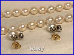 Vintage Set 14k White Gold 7.3mm Pearl & Diamond Necklace w Matching Earrings